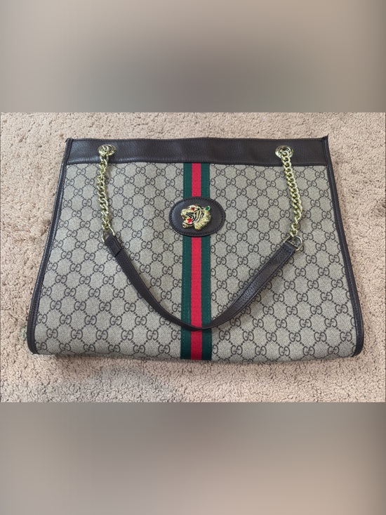 Tiger Tiger Handbags - Canvas Tote with Green-Red Stripe and Gold Chain